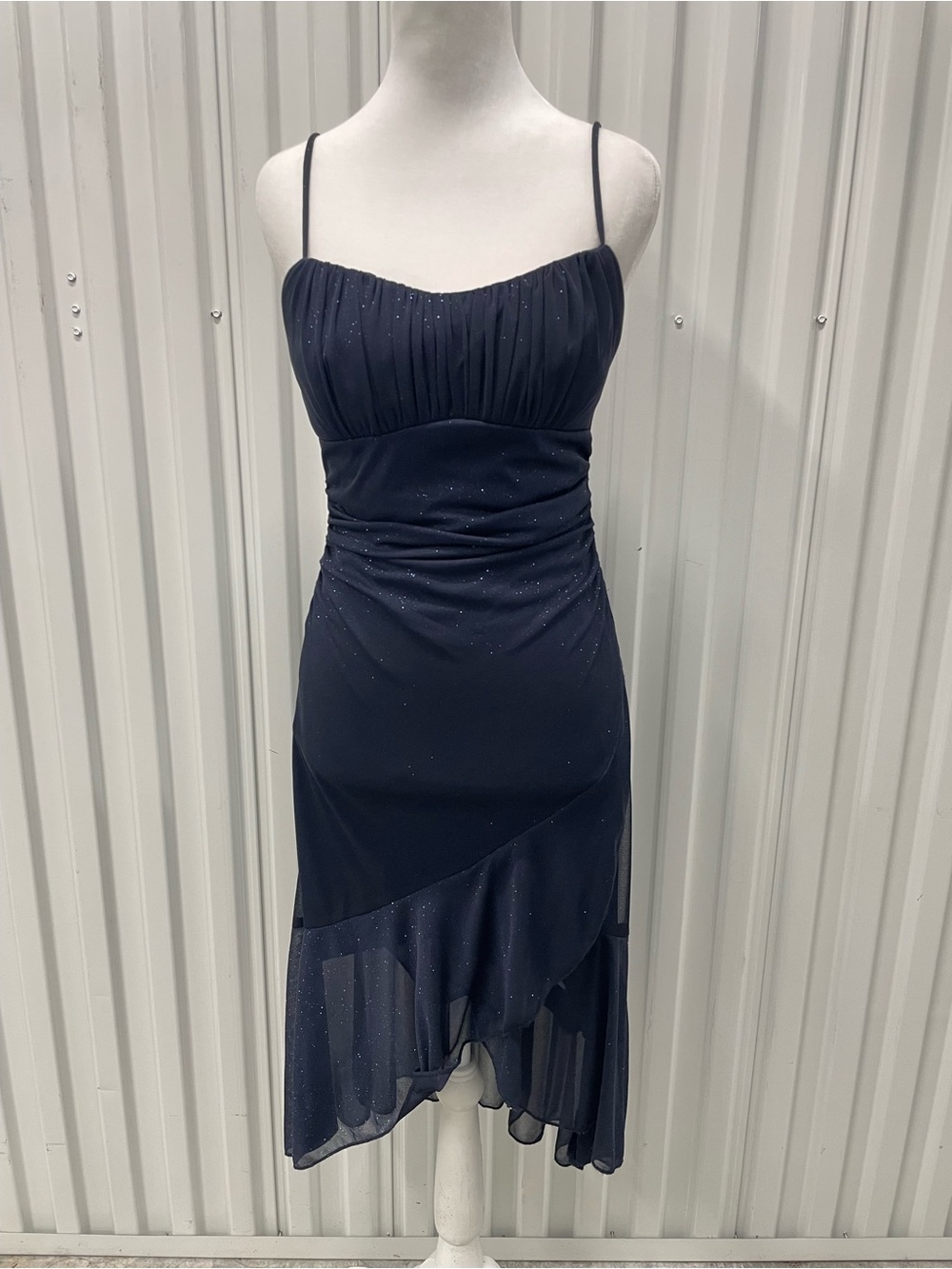 Y2K Navy Glitter Babydoll Ruffle Midi Dress XS 2 Hoco Dance Cocktail Evening 00s